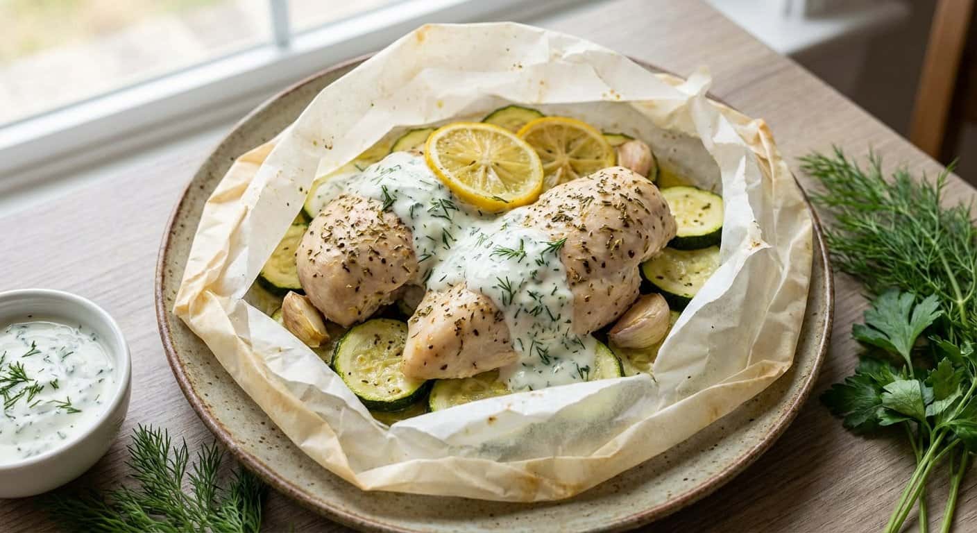 Pollo en papillote con calabacín y salsa de yogur en Thermomix