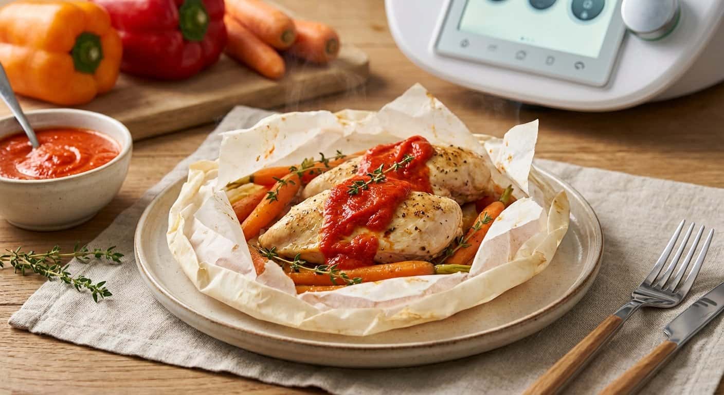 Pollo en Papillote con Zanahoria y Salsa de Pimiento en Thermomix