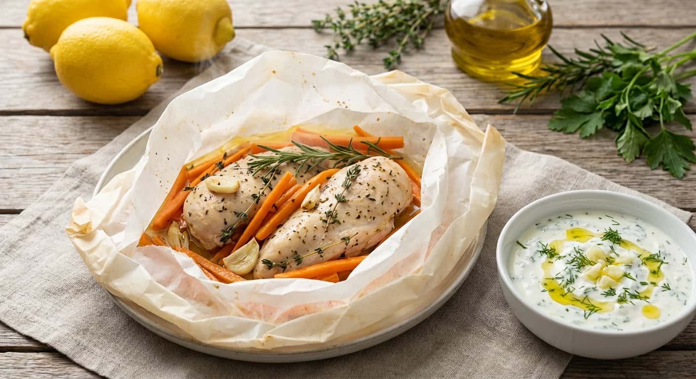 Pollo en Papillote con Zanahoria y Salsa de Yogur en Thermomix
