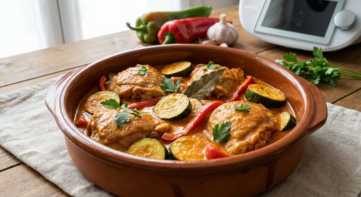 Pollo estofado con calabacín y salsa de pimiento en Thermomix