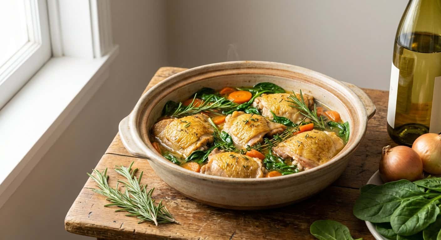 Pollo guisado ligero con espinacas y romero