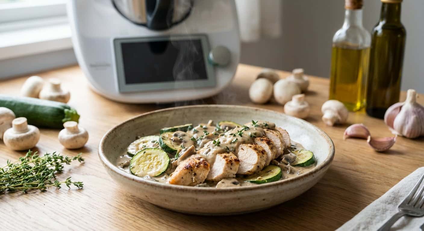 Pollo ligero con calabacín y salsa de setas en Thermomix