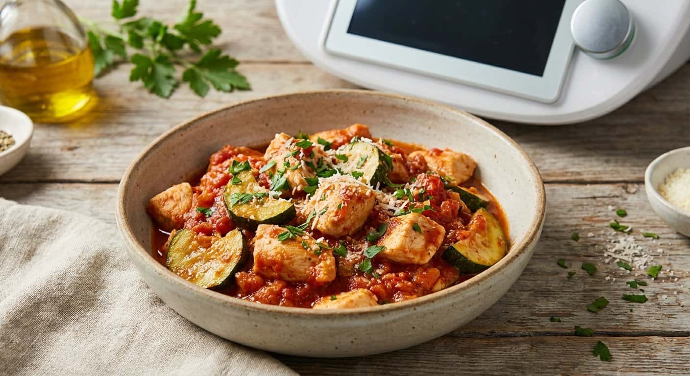 Pollo ligero con calabacín y salsa de tomate en Thermomix