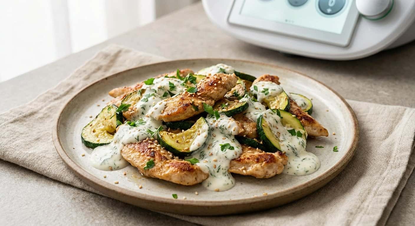 Pollo ligero con calabacín y salsa de yogur