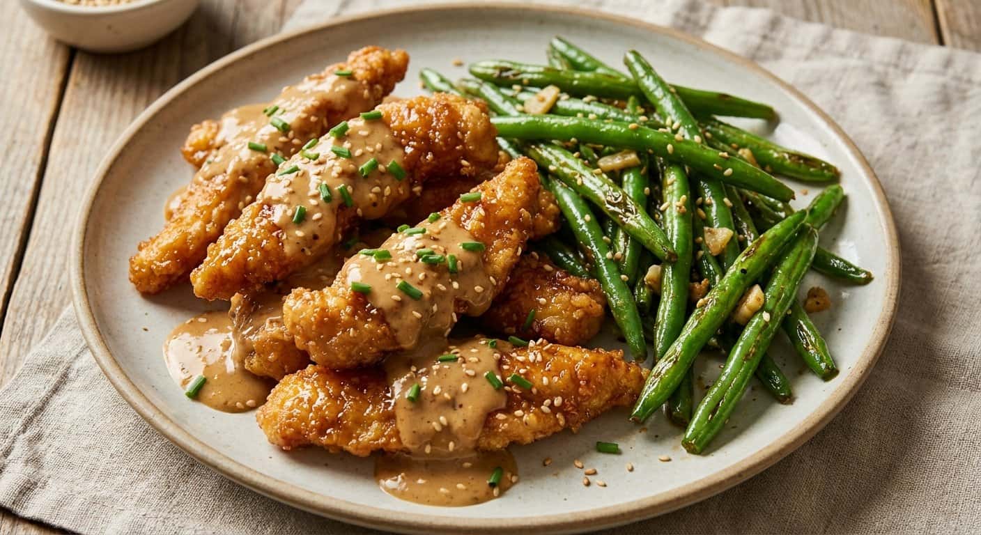 Pollo Pekín con salsa de sésamo y judías verdes