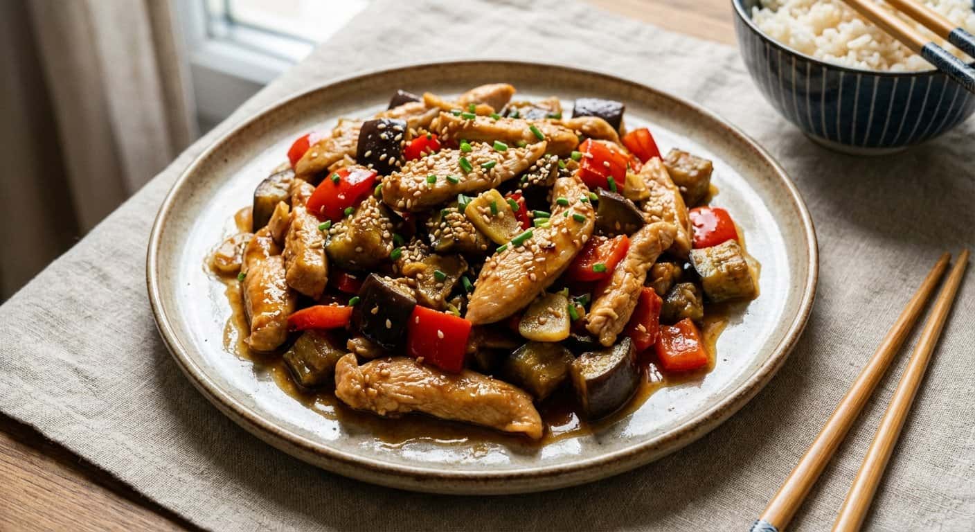 Pollo Salteado con Berenjena y Jengibre