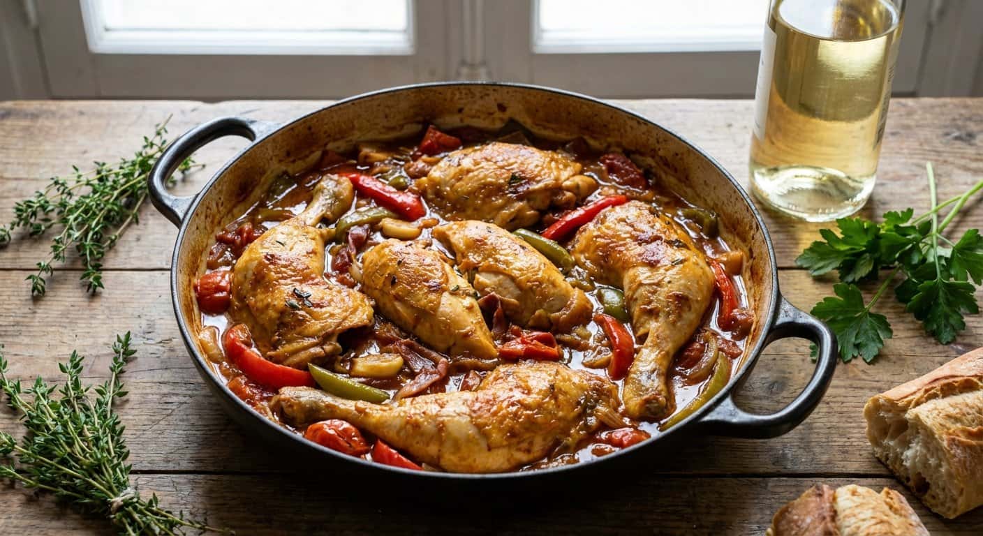 Poulet Basquaise Parisino con Vino Blanco