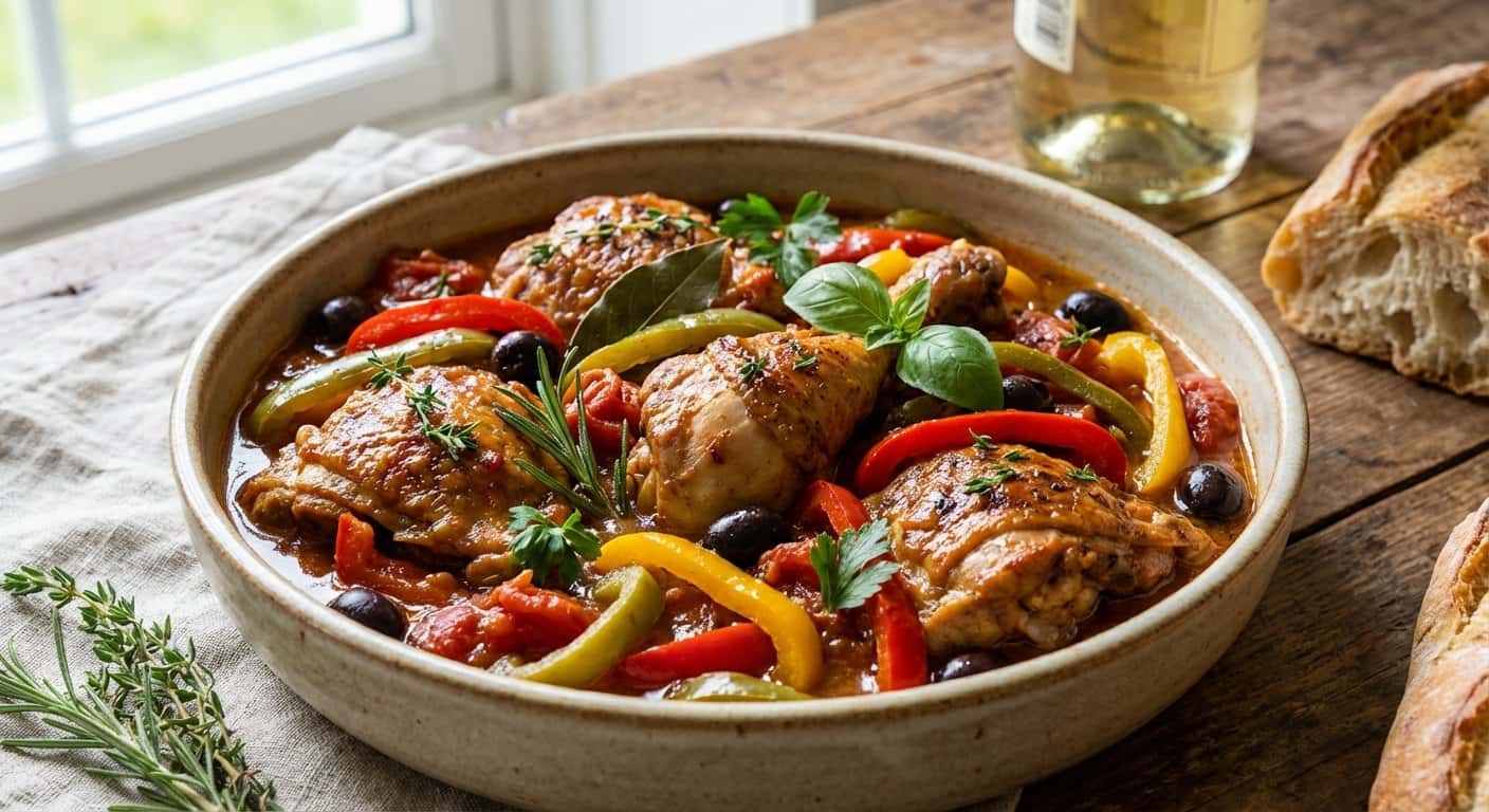 Poulet Basquaise Provenzal con Vino Blanco