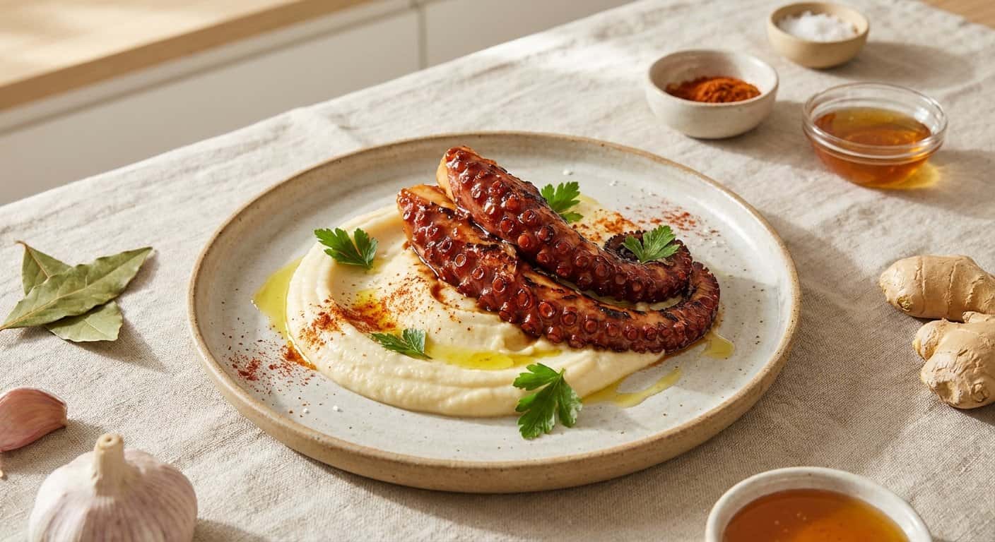 Pulpo lacado con puré de apionabo