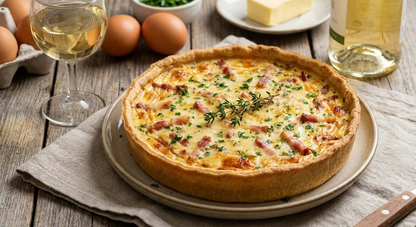 Quiche Lorraine Bretón con Vino Blanco