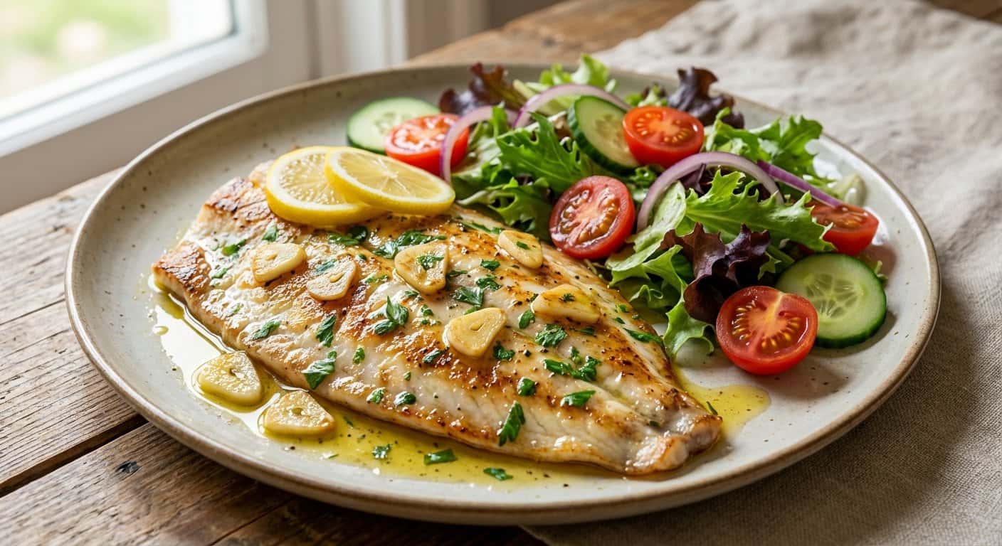Rodaballo al Ajillo con Ensalada Fresca