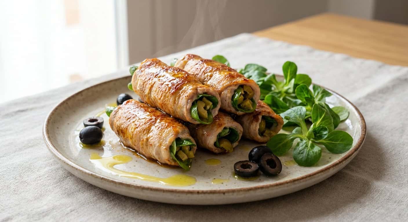 Rollitos de Cerdo con Canónigos y Aceitunas