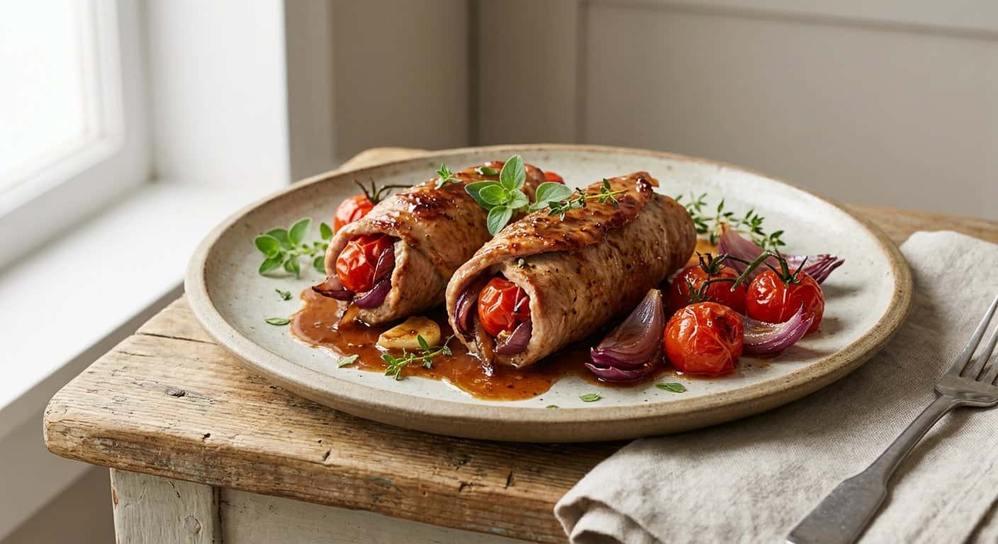Rollitos de Cerdo con Tomate Cherry y Cebolla Morada