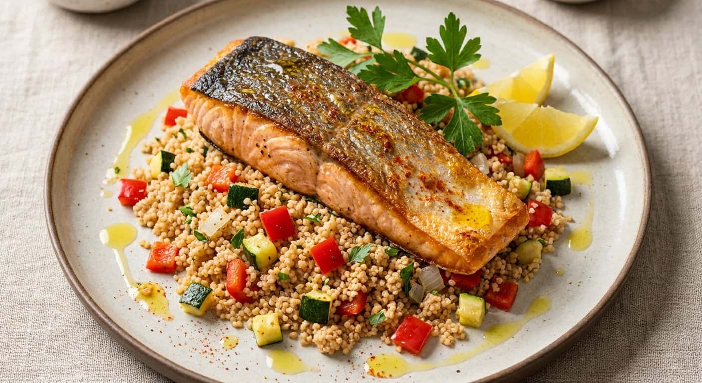Salmón a la plancha con couscous de verduras
