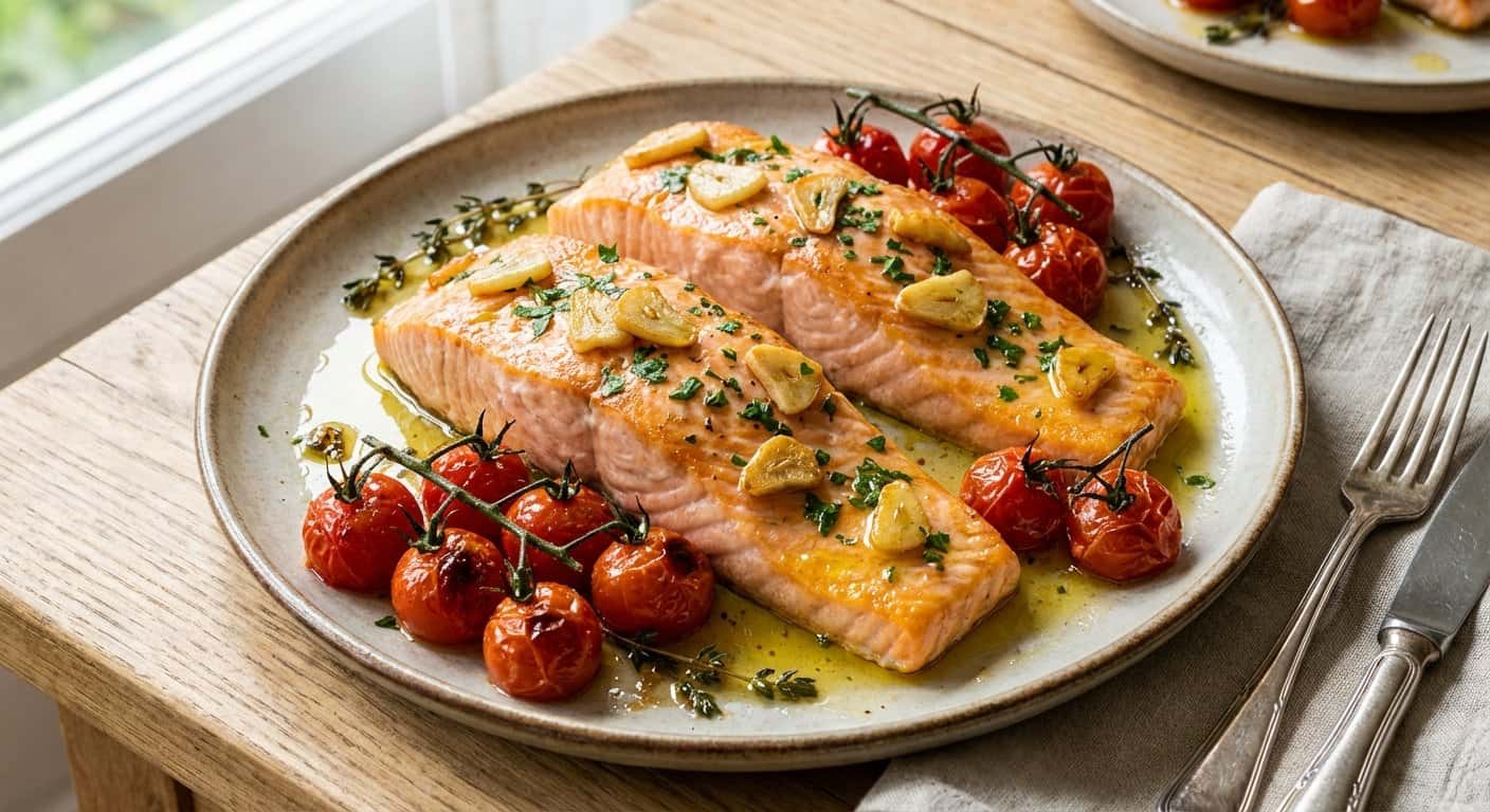 Salmón al ajillo con tomate confitado