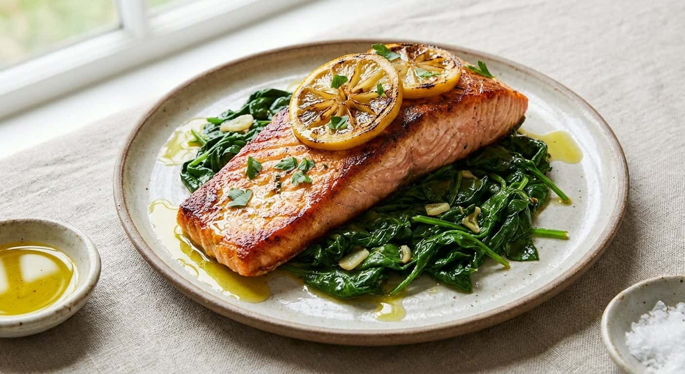 Salmón con limón y espinacas salteadas