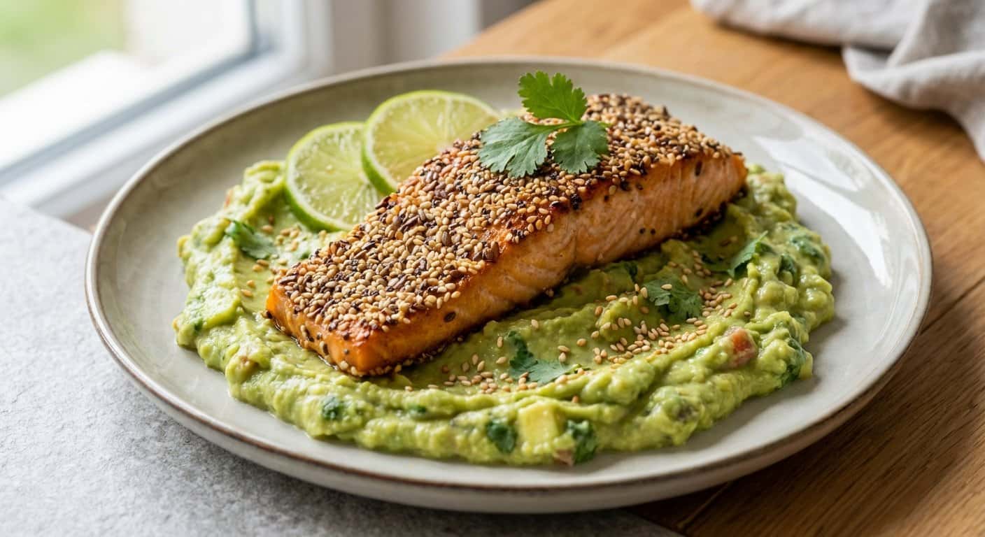 Salmón en costra de semillas con puré de aguacate