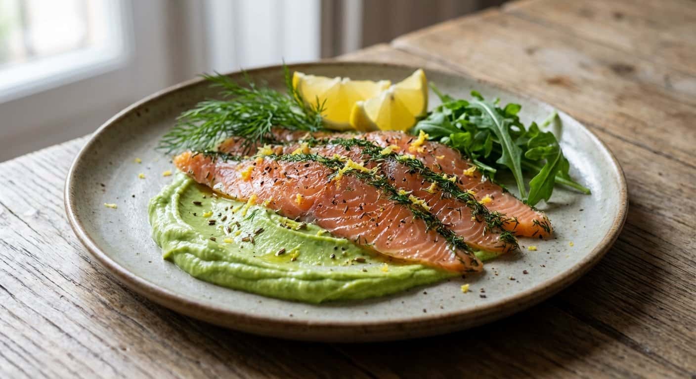 Salmón Marinado al Eneldo con Crema de Aguacate