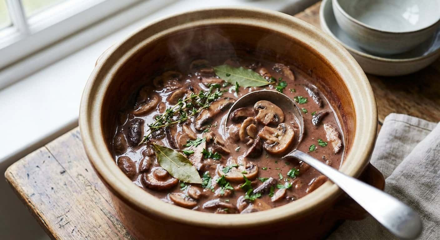 Salsa de setas lenta con vino tinto en slow cooker