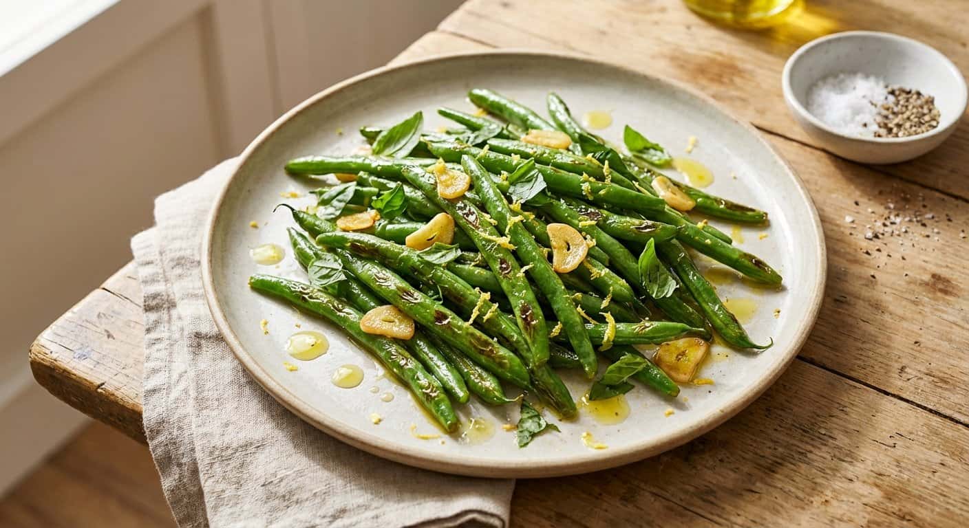Salteado de judías verdes con ajo y albahaca