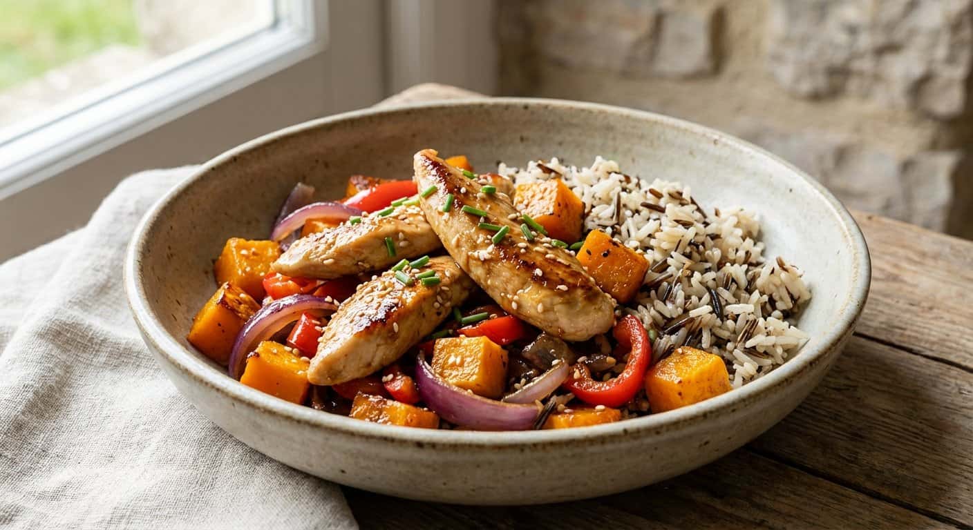 Salteado de pollo con calabaza y arroz salvaje