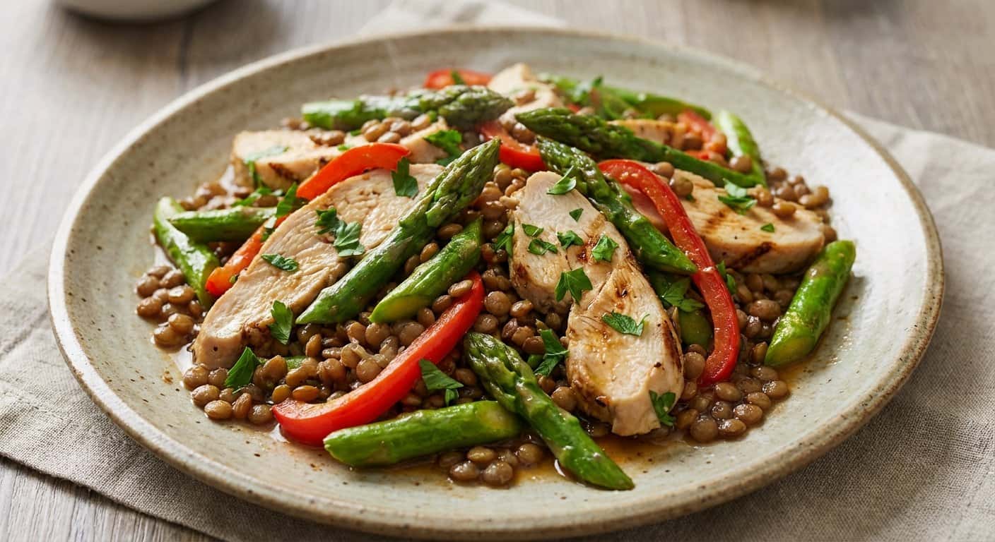 Salteado de Pollo con Espárragos y Lentejas