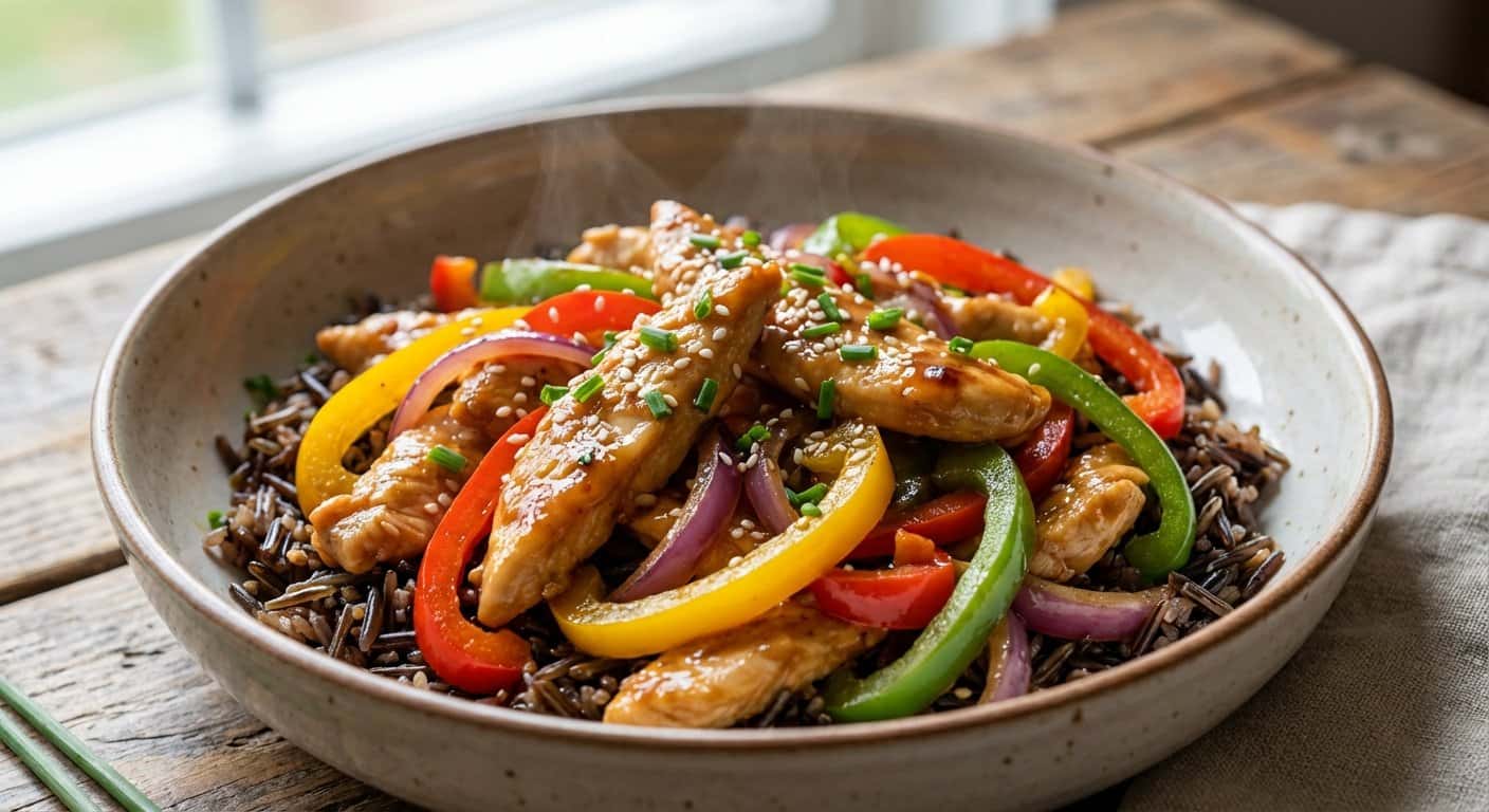 Salteado de pollo con pimientos y arroz salvaje