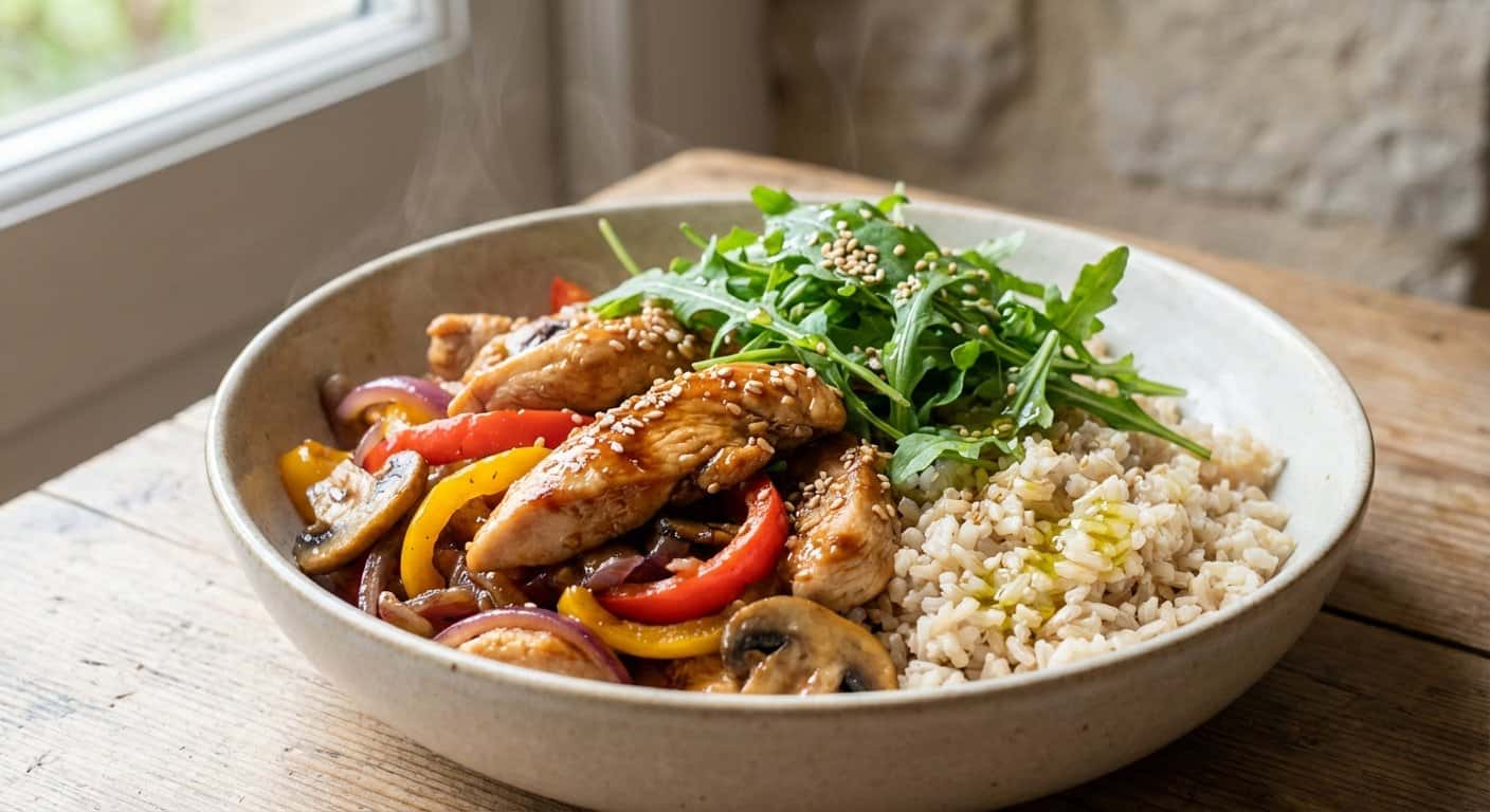 Salteado de pollo con rúcula y arroz integral