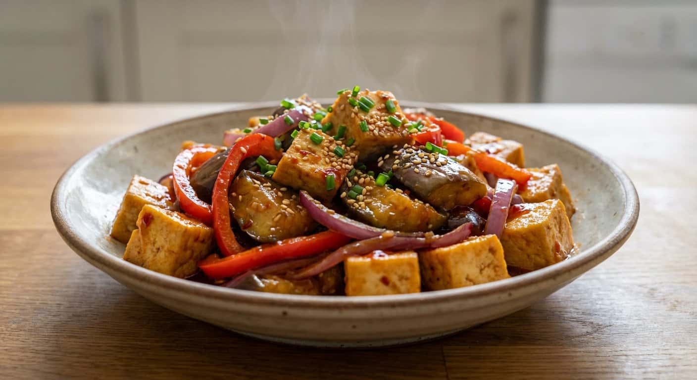 Salteado Fujian de Tofu con Berenjena y Salsa de Chili