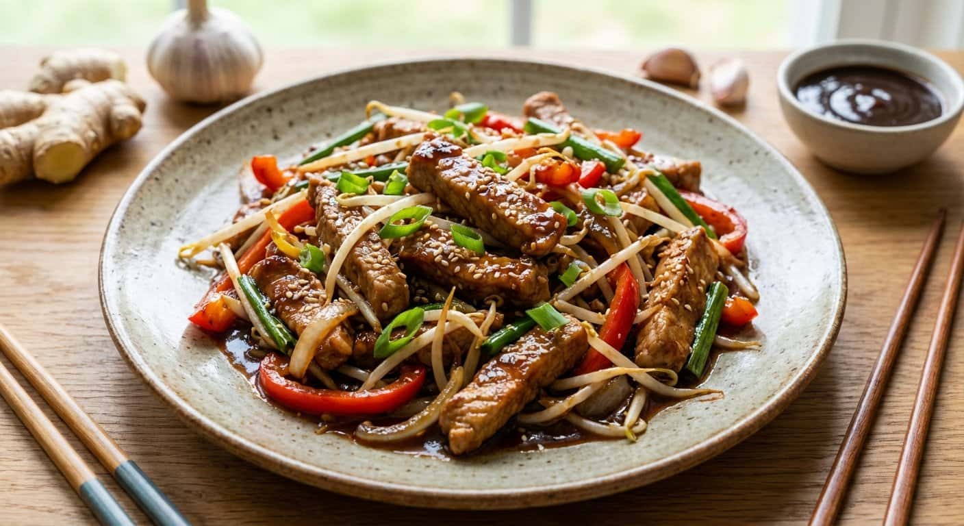 Salteado Shanghainesa de Cerdo con Brotes de Soja y Salsa Hoisin