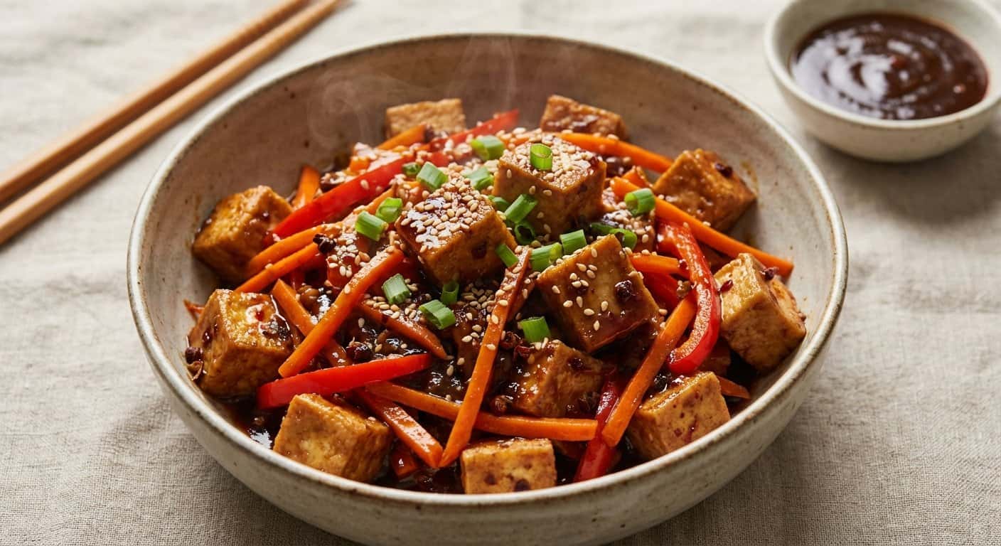 Salteado Sichuan de Tofu con Zanahoria y Salsa Hoisin