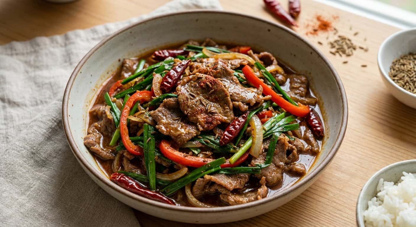 Salteado Xinjiang de Cordero con Cebollino y Salsa de Ostras