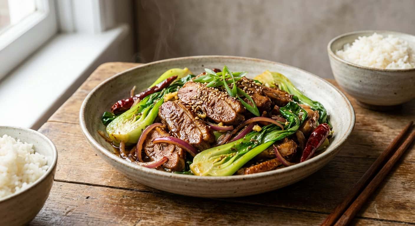 Salteado Xinjiang de Pato con Pak Choi y Salsa de Soja