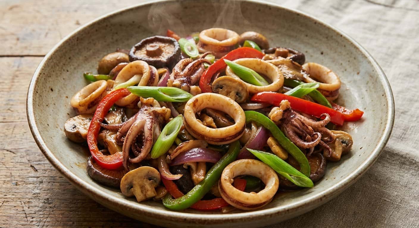 Salteado Yunnan de Calamar con Setas y Salsa de Ostras
