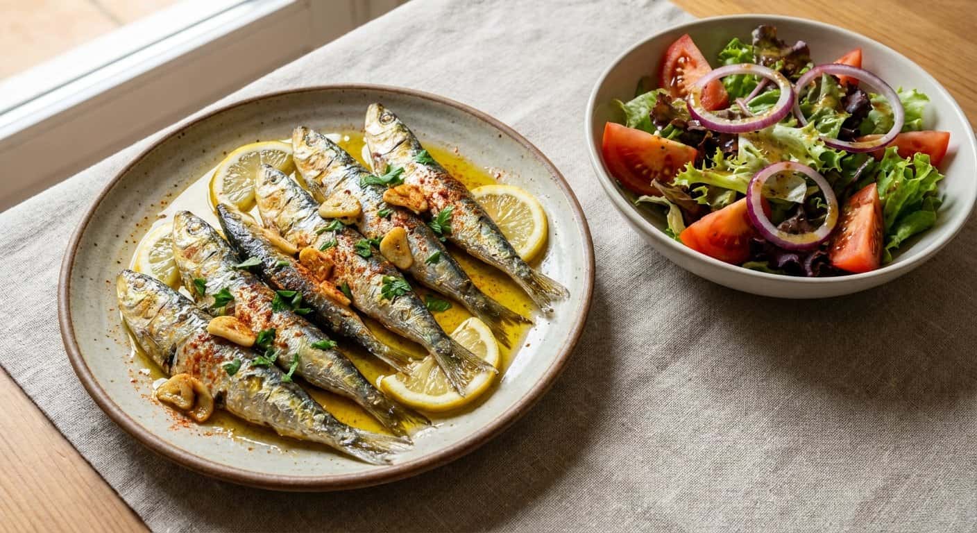 Sardinas al Ajillo con Ensalada Fresca