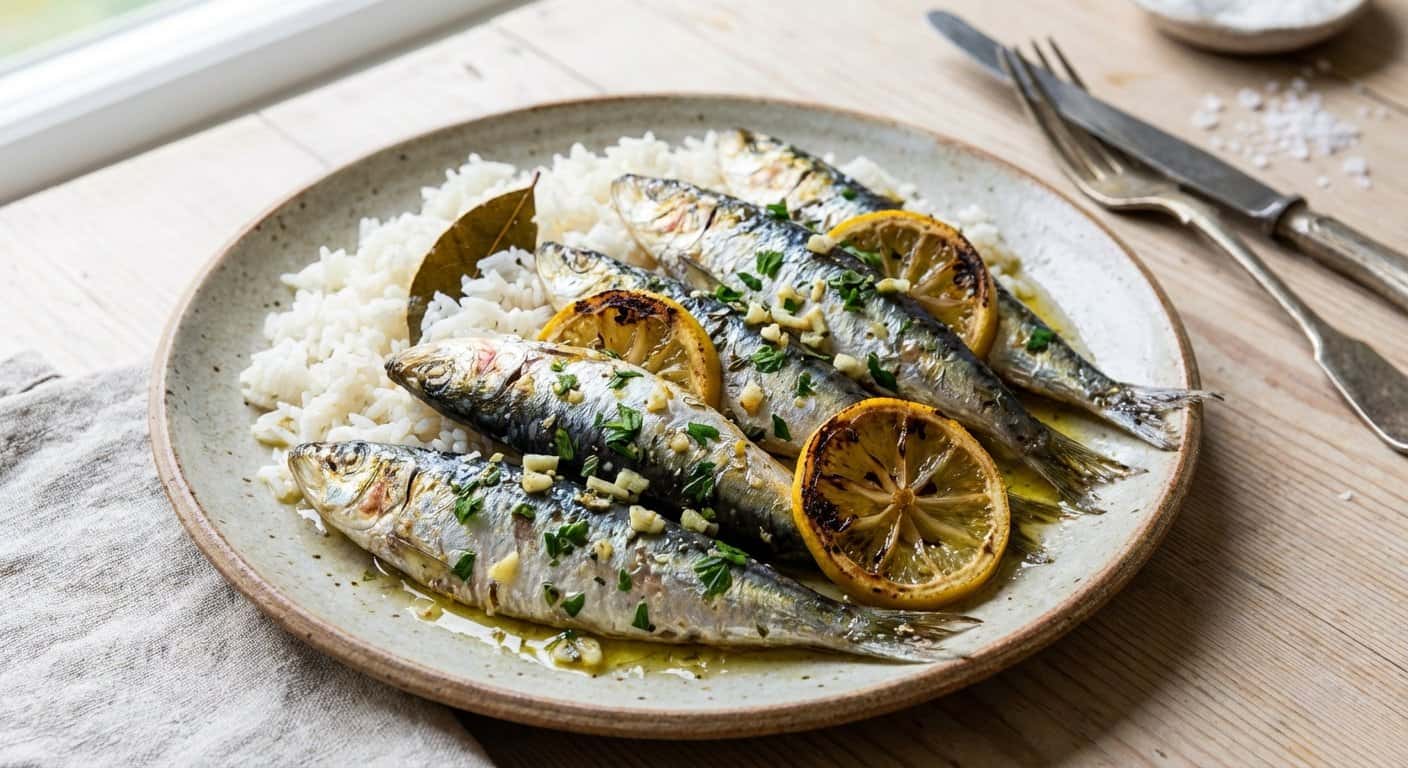 Sardinas al horno con arroz blanco