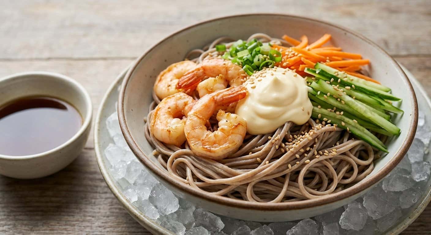 Soba fría con gambas y mayonesa japonesa