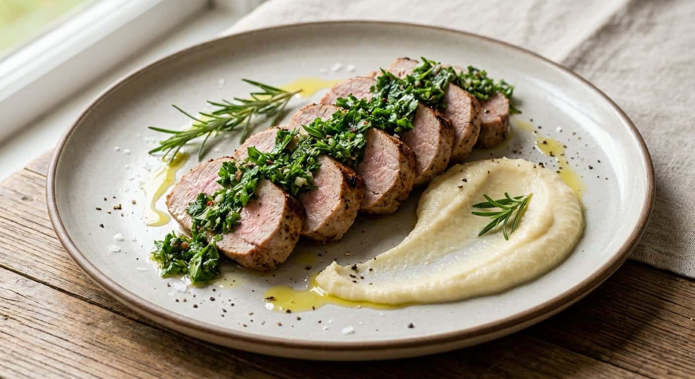 Solomillo de cerdo a la plancha con salsa de hierbas y puré de coliflor