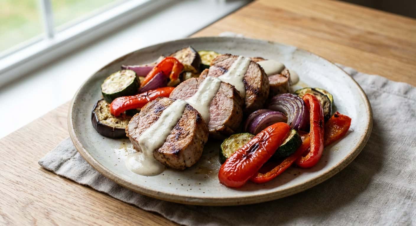 Solomillo de cerdo a la plancha con salsa de tahini ligera y verduras asadas