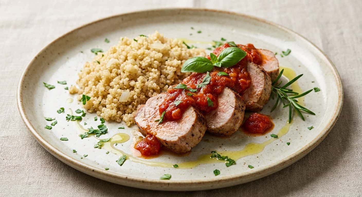 Solomillo de cerdo a la plancha con salsa de tomate natural y quinoa