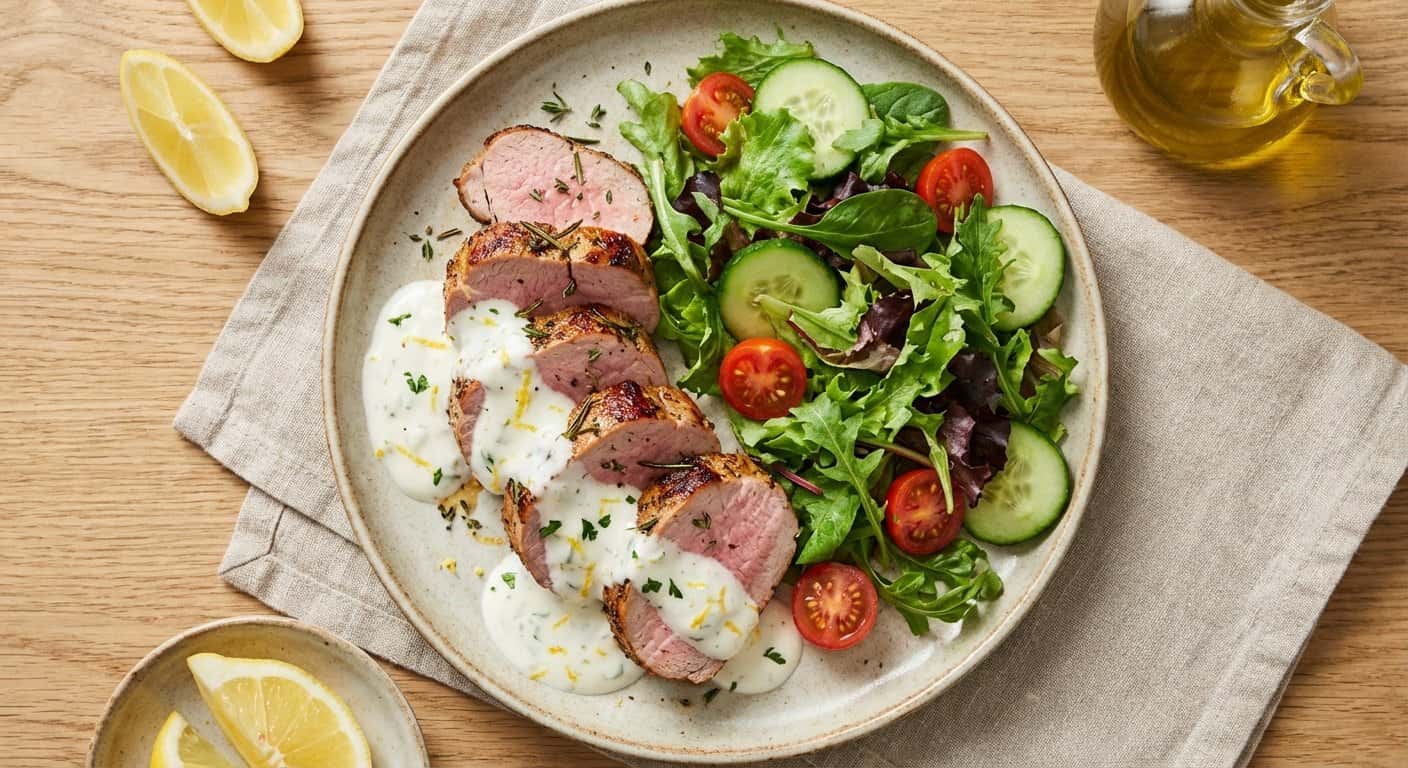 Solomillo de Cerdo a la Plancha con Salsa de Yogur y Limón y Ensalada Verde