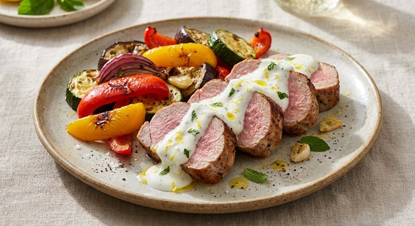 Solomillo de cerdo a la plancha con salsa de yogur y limón y verduras asadas