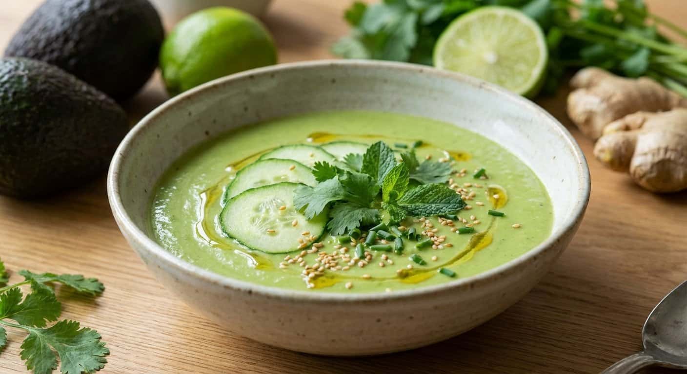 Sopa de Aguacate Asiática con Hierbas Frescas