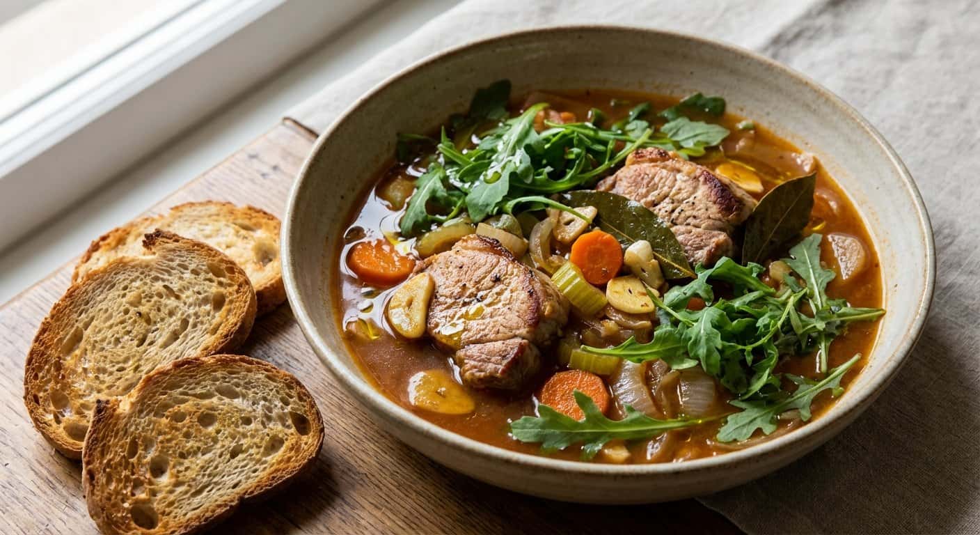 Sopa de Cerdo al Ajillo con Rúcula