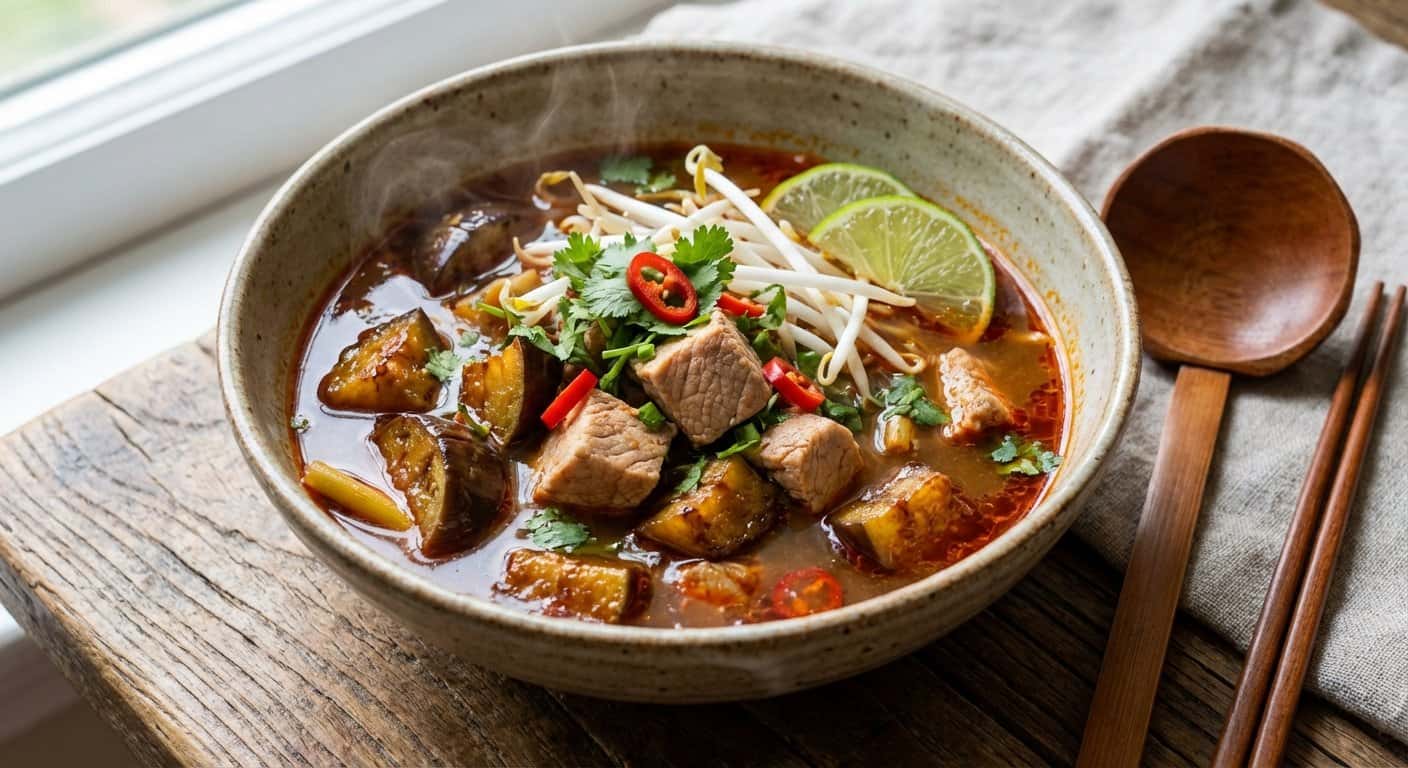 Sopa de Cerdo Asiática con Berenjena