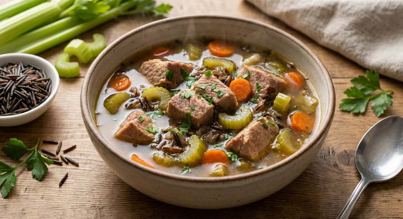 Sopa de Cerdo con Apio y Arroz Salvaje