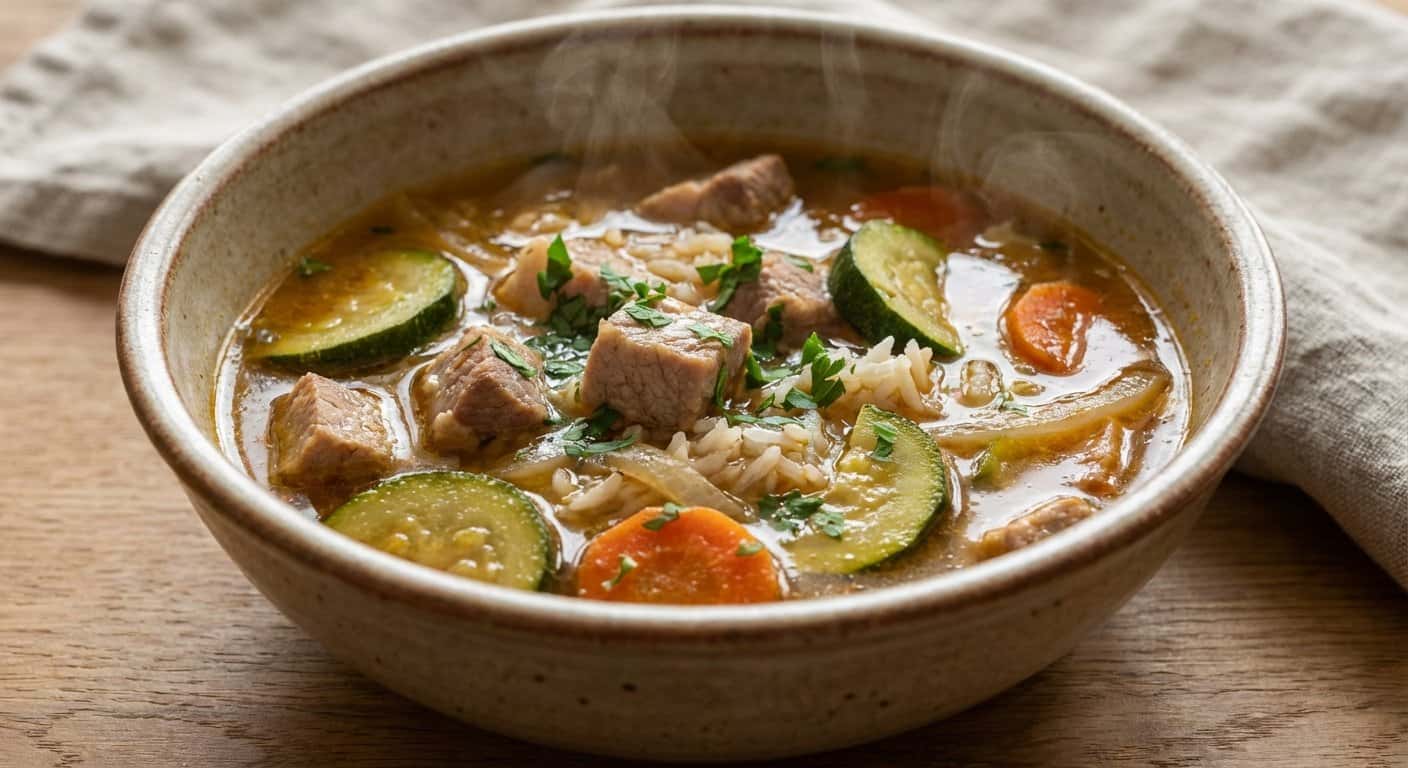 Sopa de Cerdo con Calabacín y Arroz Basmati