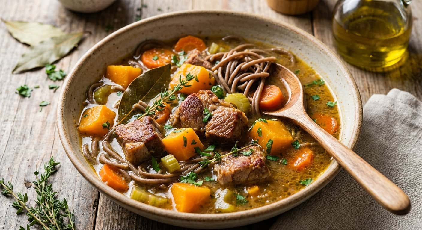Sopa de Cerdo con Calabaza y Fideos Integrales