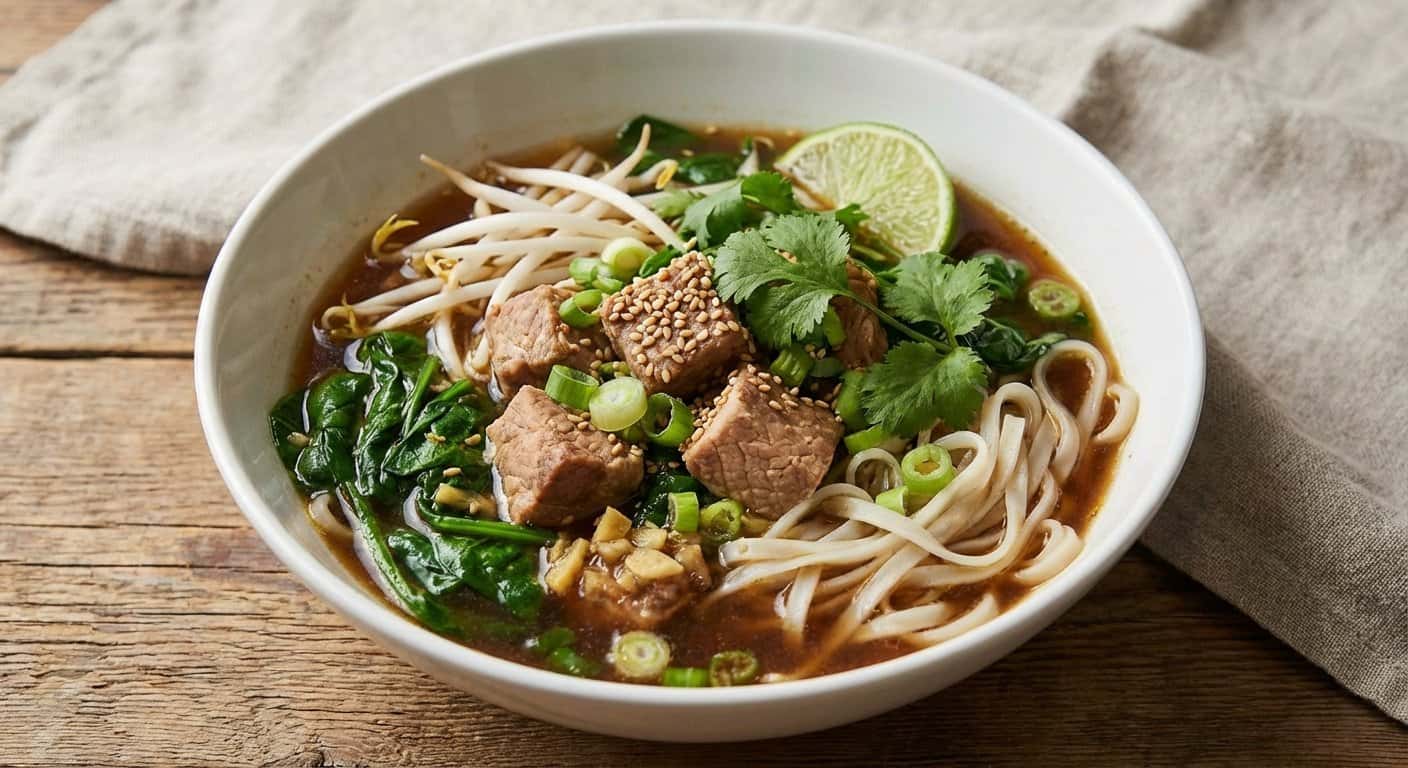 Sopa de Cerdo con Espinacas y Fideos de Arroz