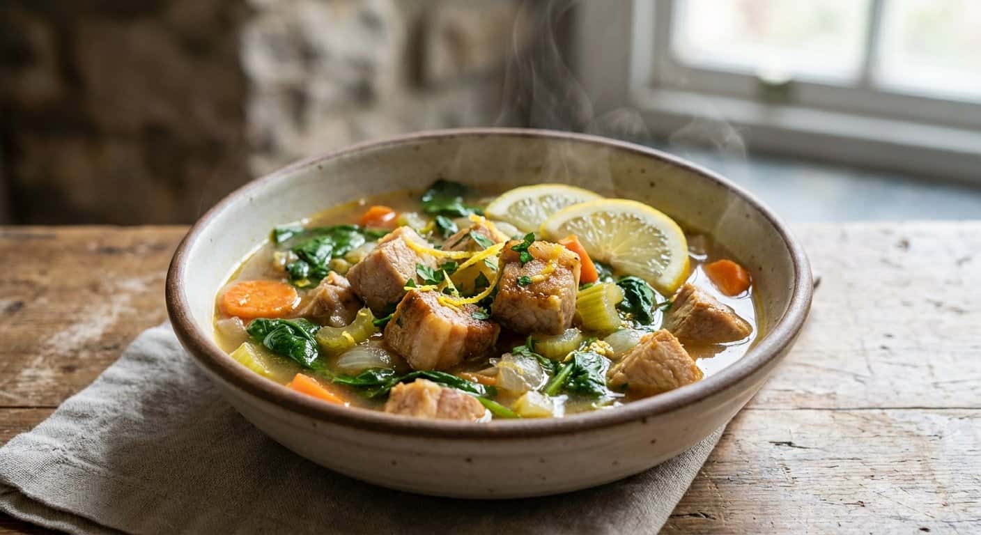 Sopa de Cerdo con Espinacas y Limón